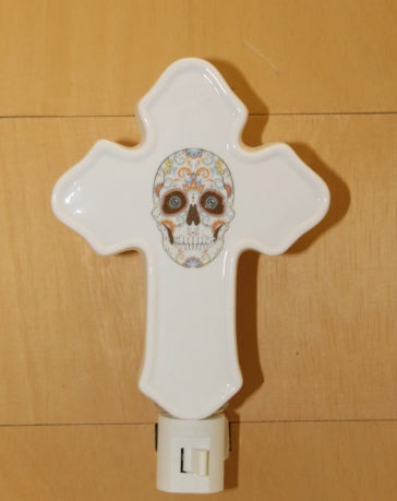 Day of the Dead Porcelain Cross Shaped Night Light. Wall Plug In Night Light,