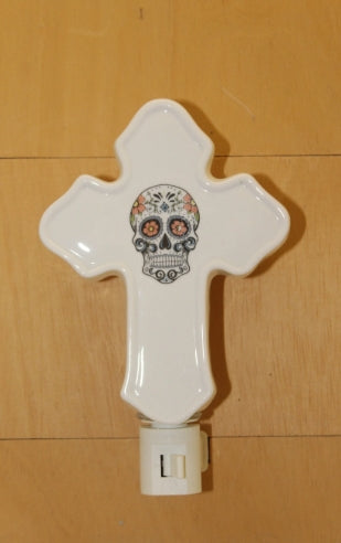 Day of the Dead Porcelain Cross Shaped Night Light. Wall Plug In Night Light,