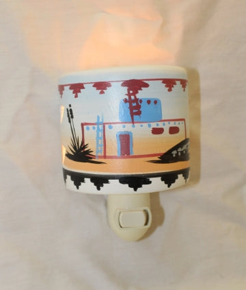 Pueblo scene southwestern ceramic night light, Hand Painted by Native American Navajo Artist