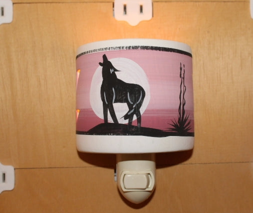 Coyote design southwestern ceramic night light, Hand Painted by Native American Navajo Artist, wall plug in nite lite