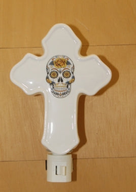 Day of the Dead Porcelain Cross Shaped Night Light. Wall Plug In Night Light,